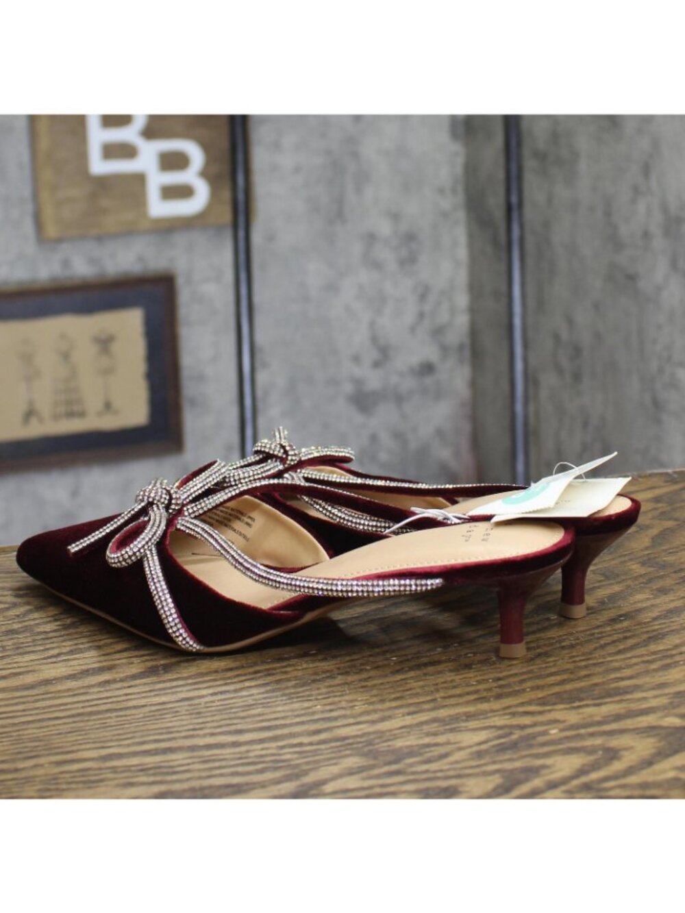 A New Day Womens Gwen Rhinestone Bow Heels Velvet 94656740 Burgundy Red 8.5M - Picture 2 of 9